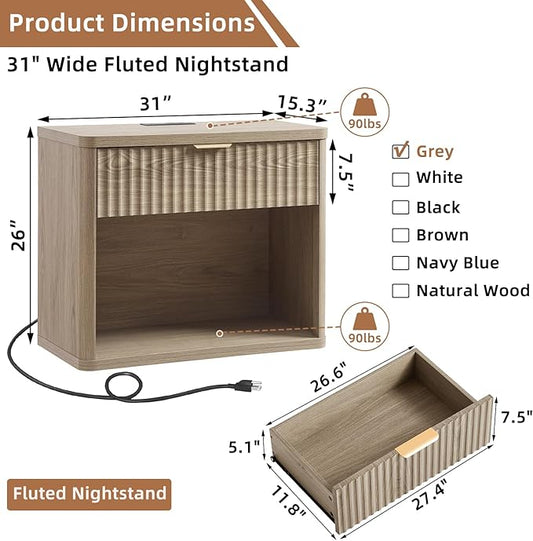 LEYAOYAO 31" Wide Fluted Nightstand with Charging Station, Oversized Extra Large 1 Drawer Night Stand with Golden Handle, Grey Wood Bedside Table Tall End Tables,for Bedroom, Living Room, Hallway