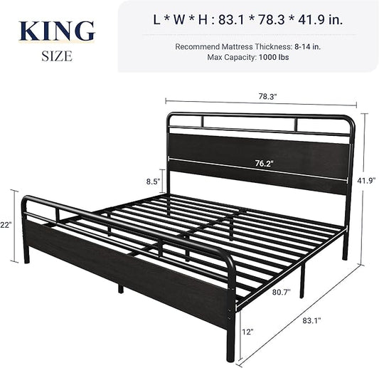 Allewie King Size Platform Bed Frame with Wooden Headboard and Footboard, Heavy Duty 13 Metal Slats Support, Under-Bed Storage, No Box Spring Needed, Noise Free, Easy Assembly, Black Oak