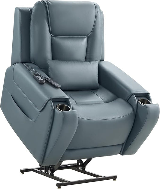 CHITA Electric Power Lift Recliner Chair for Elderly with Massage and Heat, Large Lay Flat Genuine Leather Recliner Chair with Cup Holders, USB Ports, Power Headrest, Independent Backrest, Navy