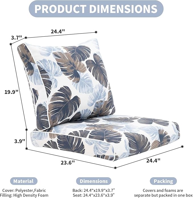 Outdoor Cushion Set for Patio Furniture Deep Seat Chair Cushions Weather Resistant Sofa Chair Pad, 24.4x23.6 Inch, Blue Leaves