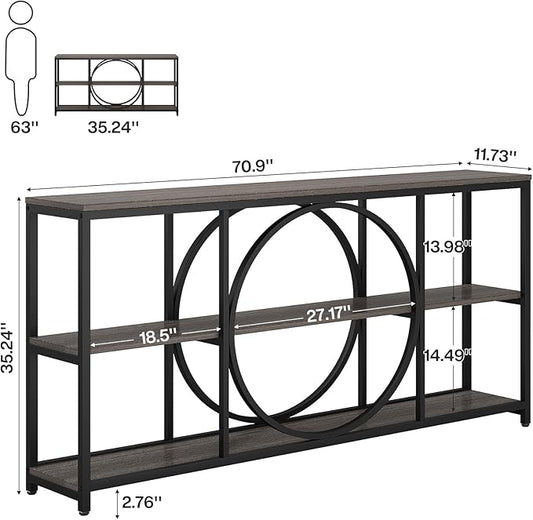Tribesigns 70.9 inch Sofa Console Table, Extra Long Narrow Entryway Tables with 3 Tier Wood Storage Shelves Metal Frame for Foyer Hallway Living Room Behind Couch, Black Rustic Gray