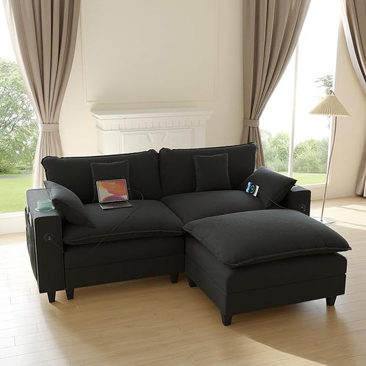Cloud Couch, Modular Sectional Sofa with Ottoman, Charging Station, Throw Pillows, Cup Holders, Modern Convertible L Shaped Couches for Living Room, Bedroom (Classic Black, 80.7"- L Shape)