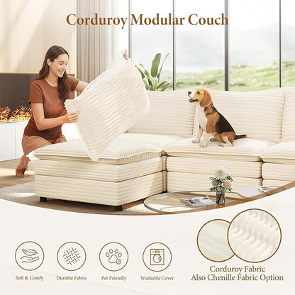 Vesgantti 108" Sectional Sleeper Sofa, 6-Seater Oversized Modular Cloud Couch with Movable Ottoman, Corduroy Large Sofa Bed Convertible Deep Seat Couches for Living Room, Bedroom and Apartment, Beige