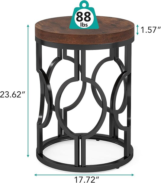 Tribesigns Round End Table, Industrial SideTable with Metal Hollow Frame, Small Bedside Table Nightstand for Living Room, Bedroom, Easy Assembly (Rustic Brown,1PC)