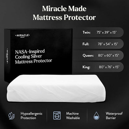 Miracle Made Mattress Protector – Silver-Infused Cotton Fabric – Water-Resistant, Thermoregulating Cover for Sensitive Skin – Compatible with 3-Temperature Zone Comforter, Twin, White