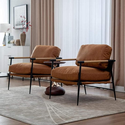 HEAH-YO Modern Accent Chairs Set of 2, PU Faux Leather Living Room Chairs with Backrests, Comfy Reading Side Chairs with Metal Legs for Bedroom, Brown