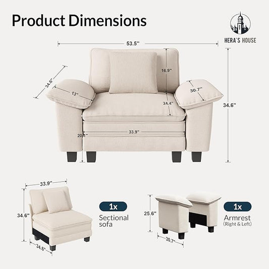 HERA'S HOUSE 54" Modular Sectional Sofa Couches for Living Room, Comfy Cloud Couch 1-Seater Deep Seat Sofa with Throw Pillow, Chenille Beige