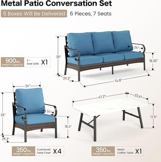 6 Piece Metal Outdoor Patio Furniture Sets, Patio Conversation Sets with 3-Seater Sofa, 4 Single Sofa (5.75" Thick Cushion) & Coffee Table, Black Frame Backyard Furniture, Denim Blue