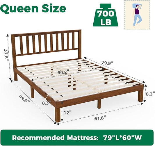 DELAVIN Solid Wood Queen Size Bed Frame with Headboard, Malaysian Oak Platform Bed Frame, Mid Century Modern Bedframe, No Box Spring Needed, Easy Assembly, Queen, Antique Espresso