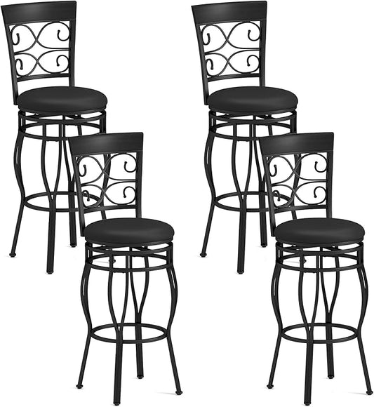 Giantex 30" Swivel Bar Stools Set of 4, Bar Height Bar Stools with Back, Upholstered PU Leather Seat, Footrest, Max Load 330Lbs, Vintage Metal Barstools for Kitchen Island, Dining Room, Pub, Black