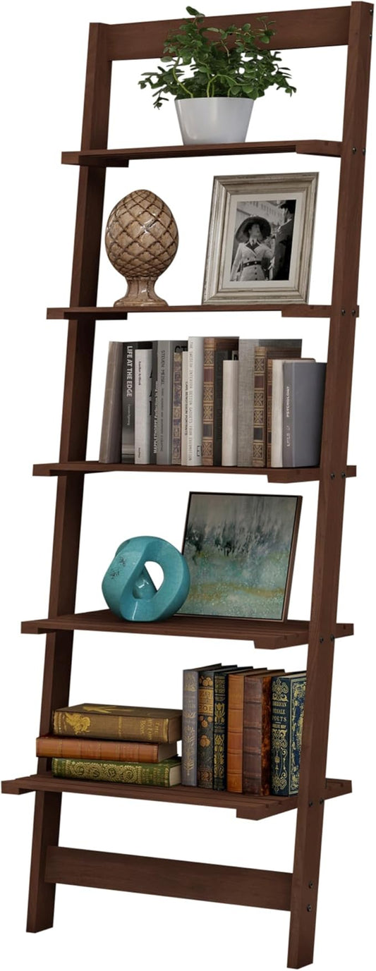 5-Tier Ladder Shelf - 50-Inch Narrow Leaning Bookshelf - Wooden Bookcase for Living Room, Bathroom, Kitchen, Office, or Bedroom Furniture by Lavish Home (Walnut)