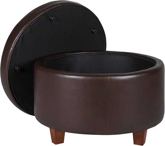 HomePop Round Leatherette Storage Ottoman with Lid, Chocolate Brown Large