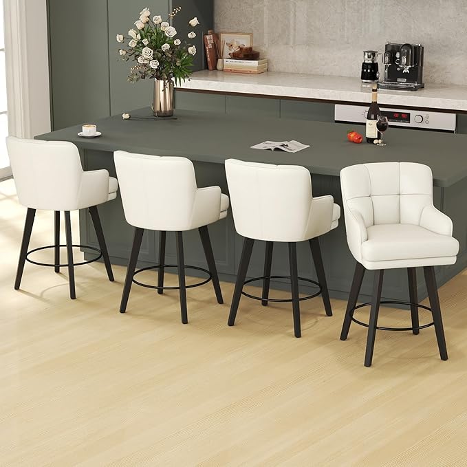 360°Swivel Counter Height Bar Stools with Back, 26 inch Solid Wood Legs, Bar Stool Modern Kitchen Island Chairs, Faux Leather (Beige- Faux Leather, 26" H- Set of 1)