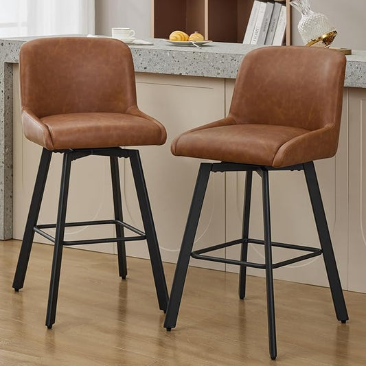 Swivel Bar Stools Set of 2, 30''H Upholstered Barstools with Backs, Modern Counter Height Bar Stool Chairs for Kitchen Island, Metal Legs, Faux Leather, Brown Counter Stools