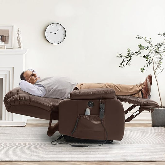 Dual Motor Large Power Lift Recliner Chair for Elderly with Heat and Massage,Lay Flat Lift Chairs Recliners for Seniors Infinite Position,USB Ports&Remote, Leather (Ochre) (Brown, Medium)