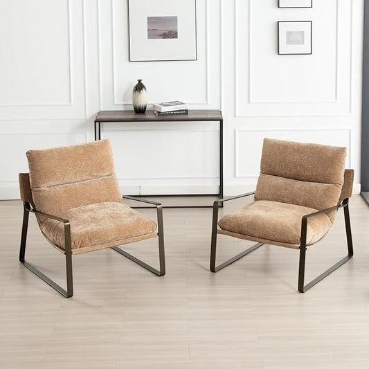 HEAH-YO Modern Accent Chairs Set of 2, Upholstered Chenille Living Room Chairs with Bronze Metal Legs, Comfy Arm Side Chairs for Bedroom, Khaki