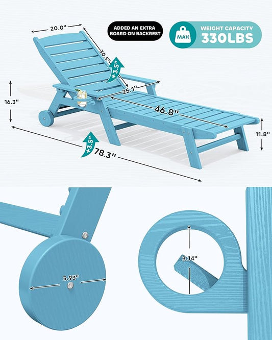 SERWALL Patio Chaise Lounge Chair, 78'' Long HDPE 5 Positions Adjustable Outdoor Lounger, Poly Lounge Chair with Rolling Wheels & Cup Holder for Pool, Light Blue