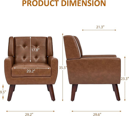 Faux Leather Accent Chairs Set of 4, Mid-Century Modern Upholstered Armchair, Comfy Living Room Chairs Reading Chairs with Button Tufted Back & Solid Wood Legs for Bedroom, Office, Coffee