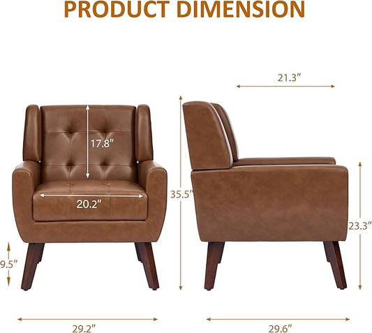 Faux Leather Accent Chairs Set of 4, Mid-Century Modern Upholstered Armchair, Comfy Living Room Chairs Reading Chairs with Button Tufted Back & Solid Wood Legs for Bedroom, Office, Coffee