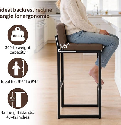 Set of 3 Bar Stools with Back, Modern Bar Height Barstools with Thickened Metal Legs, 30" Faux Leather Counter Chairs for Kitchen Island, Bar, Counter (Coffee Brown, 3Pcs 30" Bar Stools)
