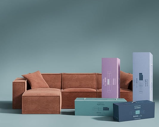 ROVE LAB M1 Sectional Sofa with Ottoman- Sectional Couches for Living Room, Sustainable 3 Seat Couch, One Person Assembly, High Density Foam (Copper Tan)