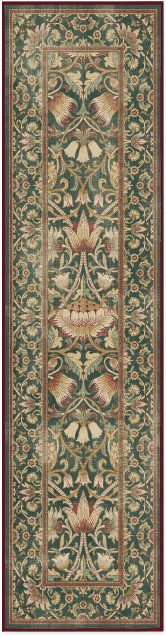 RUGGABLE x Morris & Co Machine Washable Christmas Runner Rug–Lodden Soft Evergreen & Gold 2.5x10, Stain-Resistant, Non-Slip–Washable Rug for Hallway, Entryway, Living Room & Kitchen–with Standard Pad