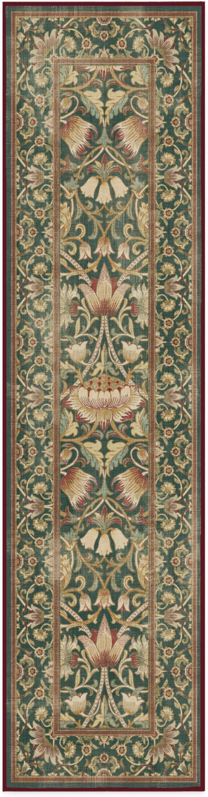 RUGGABLE x Morris & Co Machine Washable Christmas Runner Rug–Lodden Soft Evergreen & Gold 2.5x10, Stain-Resistant, Non-Slip–Washable Rug for Hallway, Entryway, Living Room & Kitchen–with Standard Pad