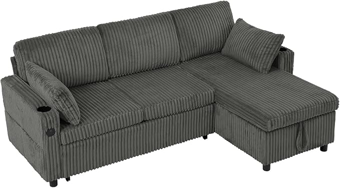 84" Corduroy Pull Out Sofa Bed w/Adjustable Backrests, Sectional L-Shape Sleeper Sofa w/Storage Chaise, Convertible Couch Bed w/USB Charging Port & Cup Holders for Living Room, House, Grey