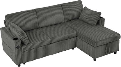 84" Corduroy Pull Out Sofa Bed w/Adjustable Backrests, Sectional L-Shape Sleeper Sofa w/Storage Chaise, Convertible Couch Bed w/USB Charging Port & Cup Holders for Living Room, House, Grey