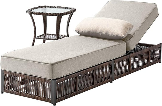 Luxury 2PCS Outdoor Chaise Lounge and Side Table Set with 5 Inch Thick Cushions - High Back Brown Wicker Patio Recliners Chairs Lounger for Poolside Pool Porch Garden Sunbathing - Beige