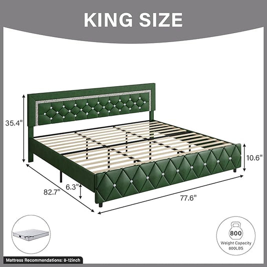 BarnFurin King Size Bed Frame with Headboard, Upholstered Bed with Diamond Tufted Design, Wooden Slats Support, No Box Spring Required, Easy Assembly, Green