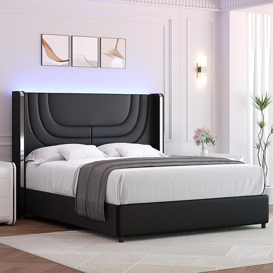 Full Size Bed Frame with LED Lights, Faux Leather Upholstered Platform with Silver Wingback Headboard, Modern Style, No Box Spring Needed, Easy Assembly, Black