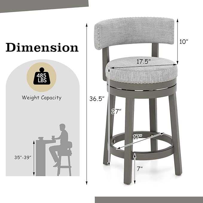 COSTWAY Bar Stool Set of 4, 27-inch 360° Swivel Barstool with Upholstered Back & Seat, Solid Rubber Wood Legs & Footrest, Farmhouse Counter Height Chair for Home, Bar, Cafe, Grey (4, Seat height 27‘’)