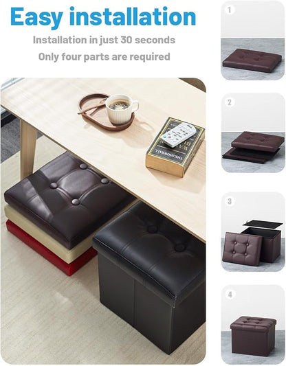 AmasSmile Storage Ottoman Folding Foot Rest Stool with Side Pocket, 16 inch Leather Footstool Bench, Short Ottoman Bench, Storage Foot Rest Store, Books, Brown