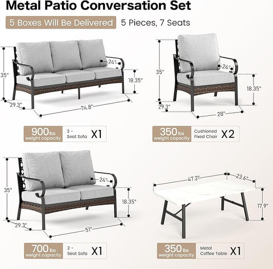 5 Piece Metal Outdoor Patio Furniture Set, Patio Conversation Sets 1 3-Seater Sofa, 2-Seater Sofa, 2 Fixed Sofa with 5.75" Cushion & Coffee Table Black Backyard Furniture, Light Gray