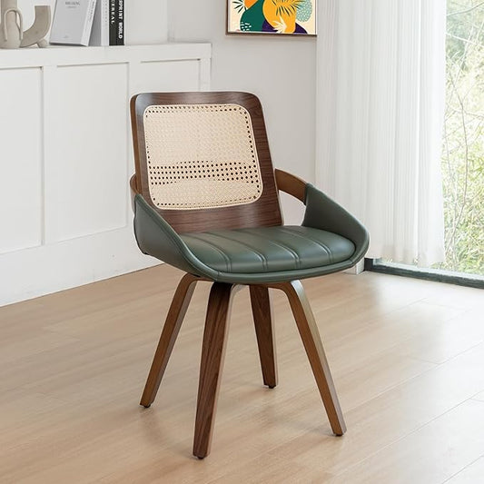 Set of 1 Swivel Rattan Dining Chair - Mid Century Modern Dining Chair with Bentwood Frame, Ergonomic Cane Back, Curved Arms, Faux Leather Swivel Chair for Kitchen/Restaurant (Walnut Green, Set of 1)
