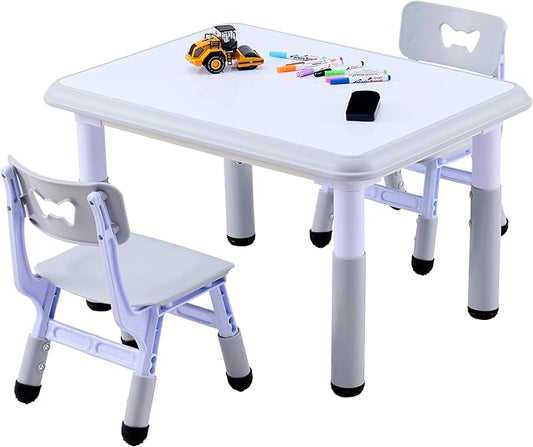Kids Table & Chairs Set (2 Chairs), Height Adjustable Toddler Table and Chair Set for Kids Ages 3-8 with Graffiti Desktop, Learning & Art Activity Desk for Classroom, Home, Daycare (Grey)