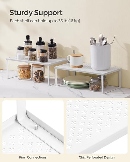 SONGMICS Spice Racks, Set of 2 Metal Cabinet Shelf Organizers, Countertop Organizers, Shelf Risers, Stackable, Expandable, White UKCS401W01