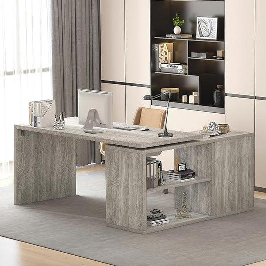 HSH Gray L Shaped Corner Desk with Storage Shelves, Reversible L Shape Computer Desk with Storage Cabinet, Adjustable Corner Home Office Desk for PC Executive Writing Study Work, Light Grey, 55 Inch