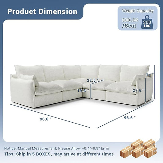 Cloud Modular Sectional Sofa, Waterproof Down Filled Sectional Sofas, High Backrest V Shaped 5 Seater Sectional Couches for Living Room, Modern Modular Couch with Removable Cover, Cream White