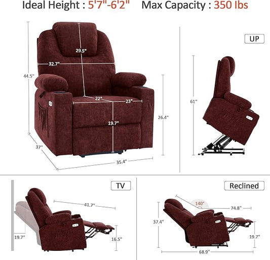 MCombo Power Lift Recliner Chair for Elderly, Lift Chair with Heat and Massage for Tall People, USB&Type C Ports, Extended Footrest, Cup Holders, Fabric 7516(Large,Sangria)