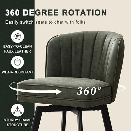 Swivel Counter Height Bar Stools Set of 2, 30'' Modern Barstools with Backs and Metal Legs, Upholstered Bar Chairs, Faux Leather Green Stools for Kitchen Island Chairs