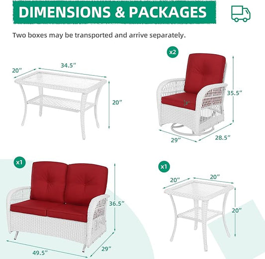 VIVIJASON 5-Piece Outdoor Patio White Wicker Conversation Sets, All Weather Outdoor Rattan Furniture Set Includes Glider Loveseat, 2 Coffee Table, 2 Swivel-Gliders Chairs with Cushions, Red