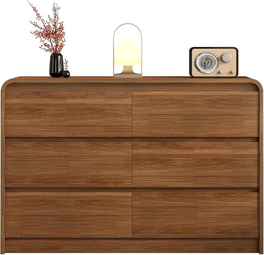 6 Drawer Dresser For Bedroom 47 Inch Wood Chest of Drawers - Curved Anti Collision, Mid Century Dresser For Closet with Natural Texture & Pre-Embedded Slots for TV Stand, Living Room, Nursery