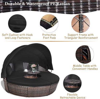 COSTWAY Patio Round Daybed with Retractable Canopy, Wicker Furniture Sectional Couch with Separate Cushioned Seats, Adjustable Table Top, Patio Rattan Daybed Sofa for Backyard, Poolside, Black