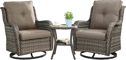 HUMMUH 3-Piece Swivel Rocking Rattan Chair Outdoor, Patio Bistro Furniture Conversation Set with Cover, Cushioned Wicker Chair with Glass Coffee Table(Grey, Grey)