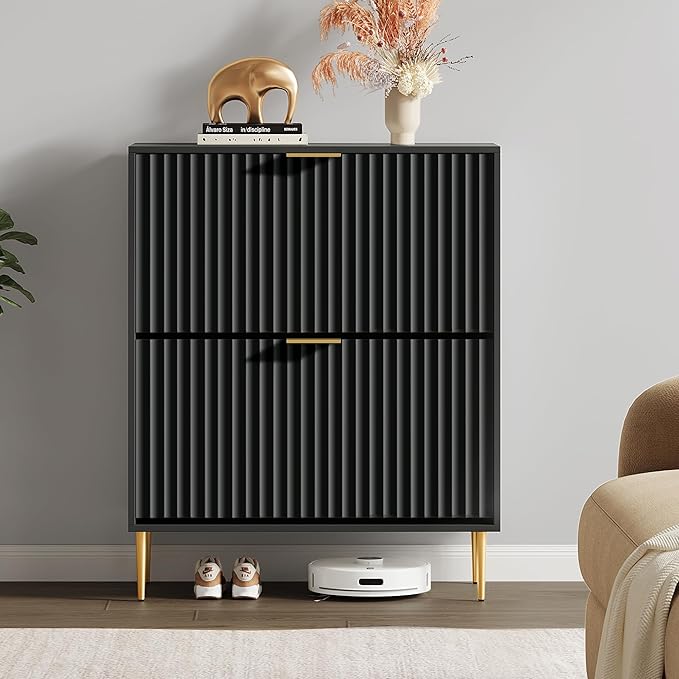 SICOTAS Fluted Shoe Cabinet Storage for Entryway with 6 Flip Drawers-11.8"Deep Frestanding Shoe Organizer Cabinet with 6-tier Shelves, Large 60 Pairs Shoes Rack Cabinet for Foyer Hallway, Black, 3PCS