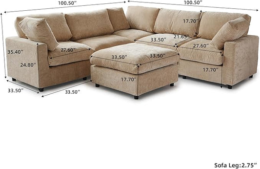 WJShome Modern V Shaped Sectional Couches for Living Room,100 Inch 5-Seater Chenille Deep Seat Modular Sofa with Ottoman, Cloud Couch for Bedroom and Apartment，Khaki