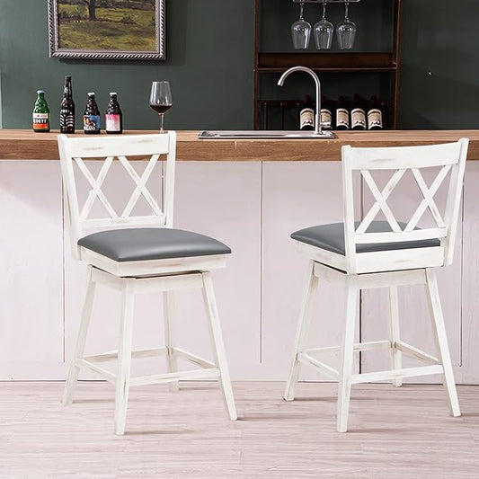 COSTWAY Bar Stool Set of 4, 360 ° Swivel Counter Height 25inch Bar Stool with Foot Rest Upholstered Cushion & Ergonomic Backrest, Sturdy Frame, for Pub, Kitchen Islands (4, Antique White + Grey)