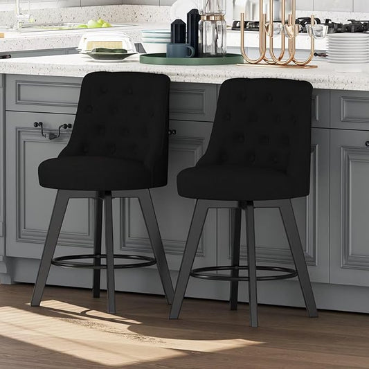 MINCETA Set of 2 Upholstered Bar Stools - 26 Inch Swivel Counter Height Stools with Low Tufted Back, Footrest & Performance Fabric - Round Seat for Kitchen Island & Home Bar Black